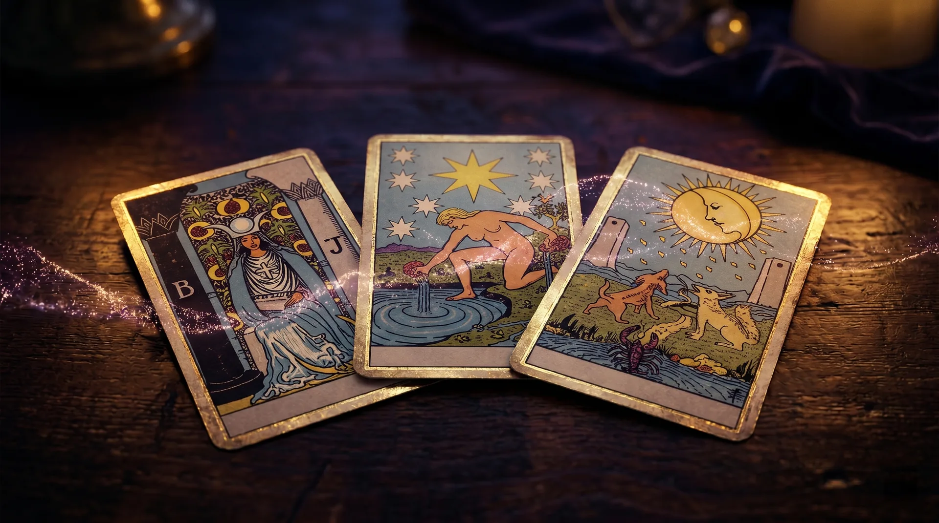 Cartas de Tarot iluminadas sobre un fondo oscuro con destellos dorados, simbolizando la unión entre simbolismo y tecnología